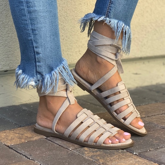 Taupe Ankle Wrap Gladiator Style Woven Sandals - Picture 5 of 7